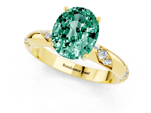 Yellow gold Oval Cut Green Sapphire Solitaire Engagement Ring with Twisted Round  Accent Band and Prong Setting