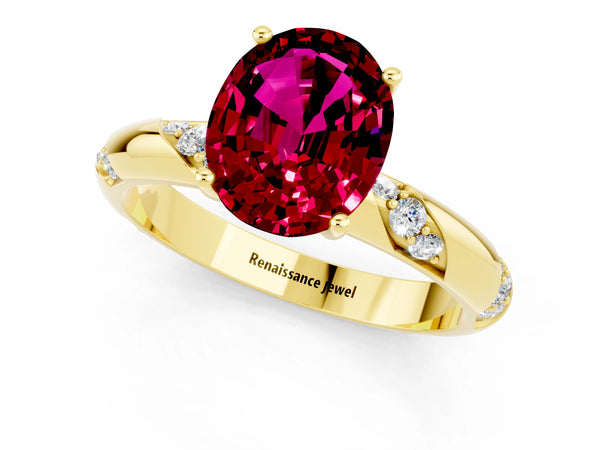 Yellow gold Oval Cut Garnet Solitaire Engagement Ring with Twisted Round  Accent Band and Prong Setting