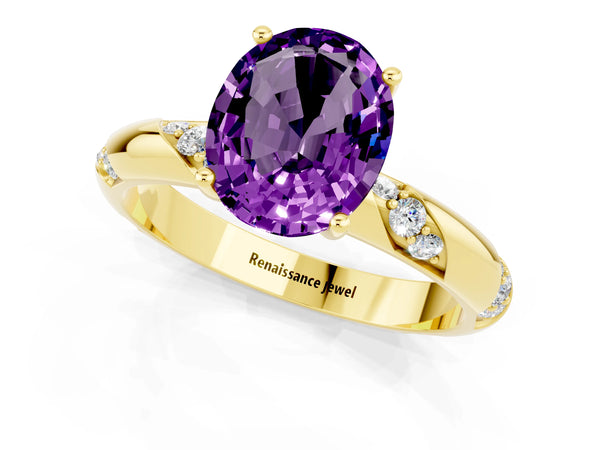 Yellow gold Oval Cut Amethyst Solitaire Engagement Ring with Twisted Round  Accent Band and Prong Setting