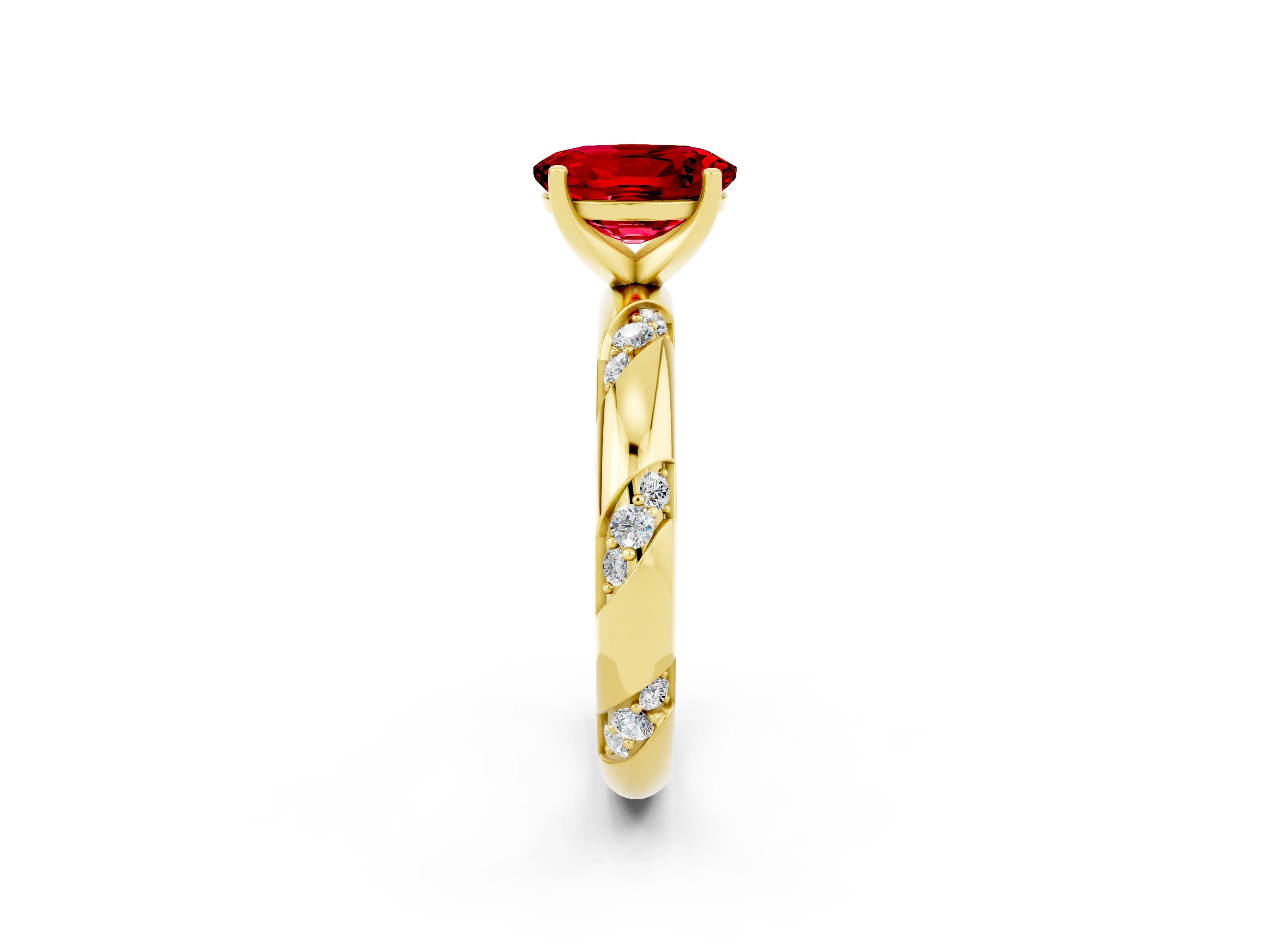 Yellow gold Oval Cut Solitaire Diamond Engagement Ring with Twisted Pave Band and Four-Prong Setting_2