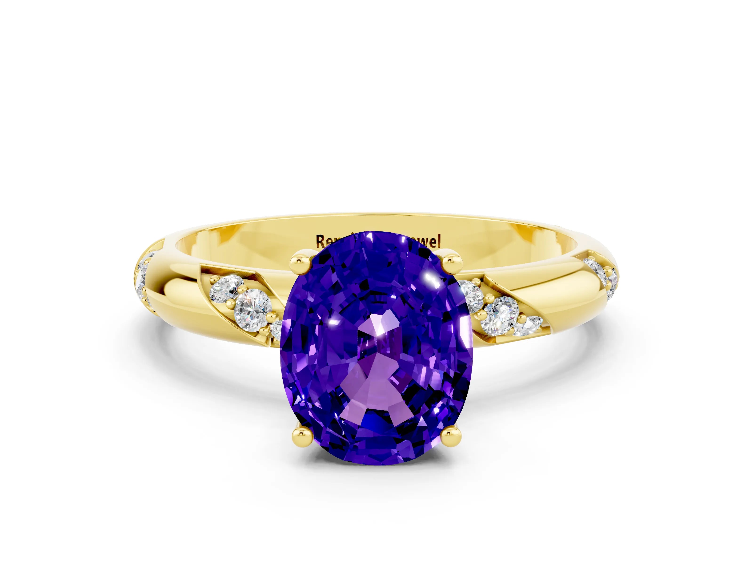 Yellow gold Oval Cut Solitaire Diamond Engagement Ring with Twisted Pave Band and Four-Prong Setting