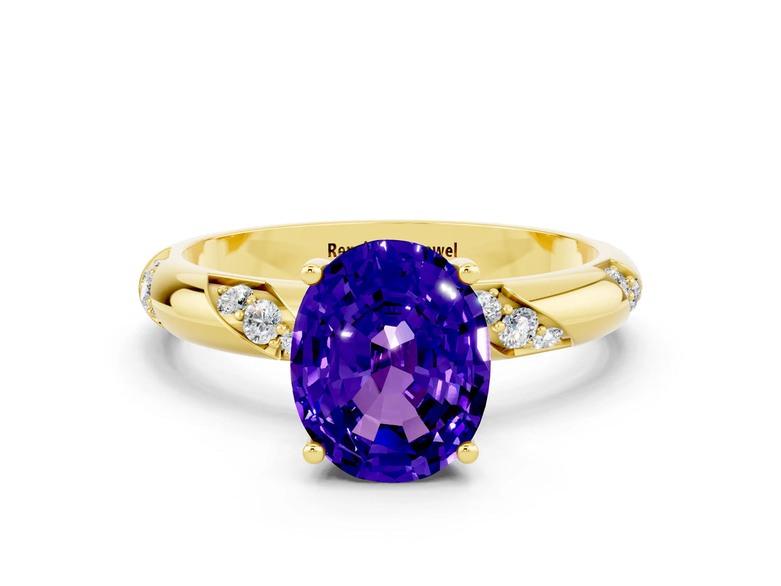 Yellow gold Oval Cut Solitaire Diamond Engagement Ring with Twisted Pave Band and Four-Prong Setting