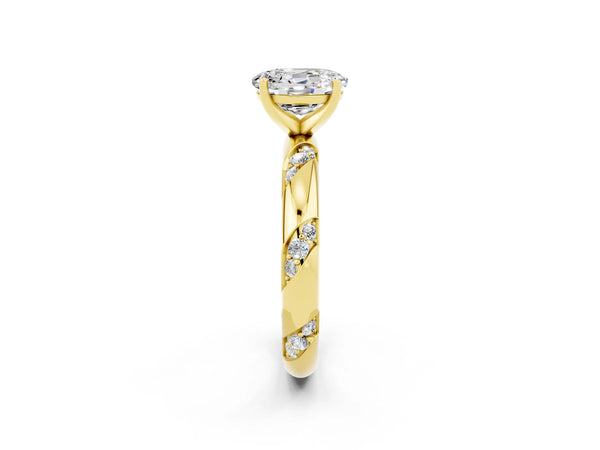 Yellow gold Oval Cut Moissanite Solitaire Engagement Ring with Twisted Round  Accent Band and Prong Setting