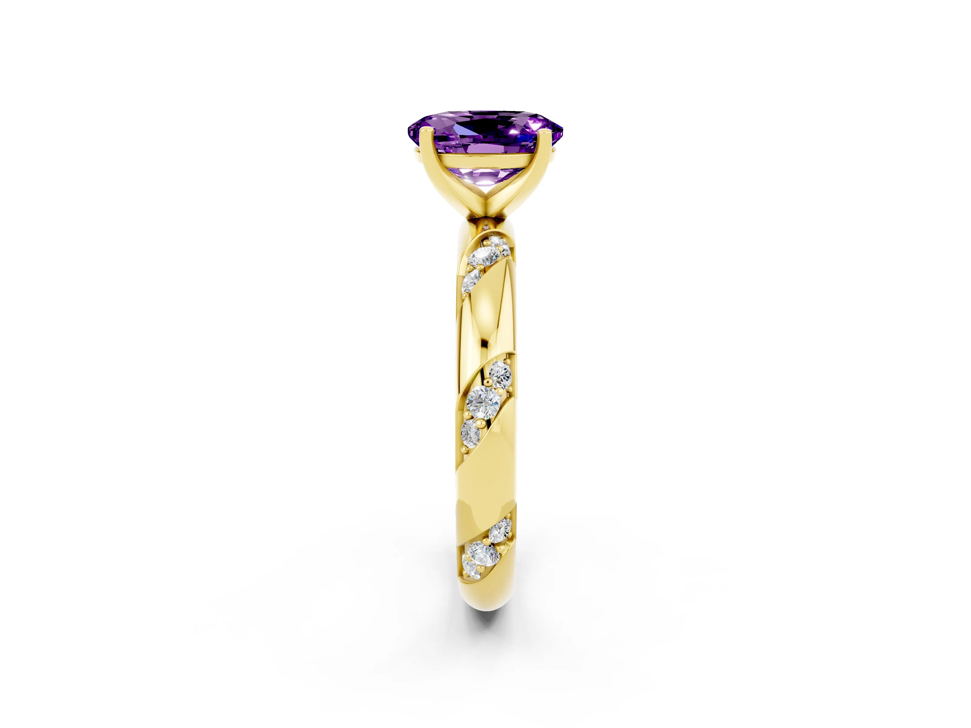 Yellow gold Oval Cut Solitaire Diamond Engagement Ring with Twisted Pave Band and Four-Prong Setting_2