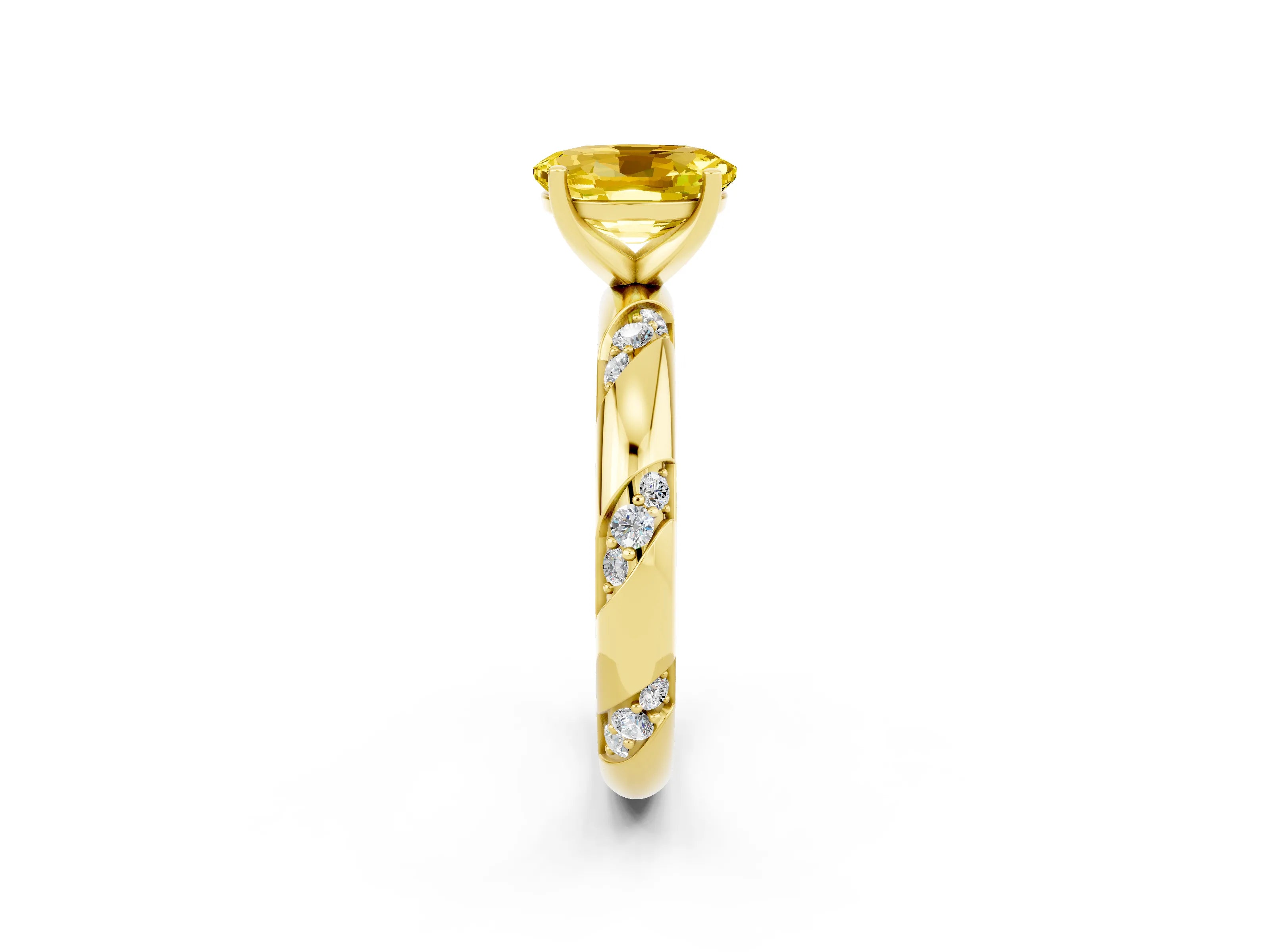 Yellow gold Oval Cut Solitaire Diamond Engagement Ring with Twisted Pave Band and Four-Prong Setting_2