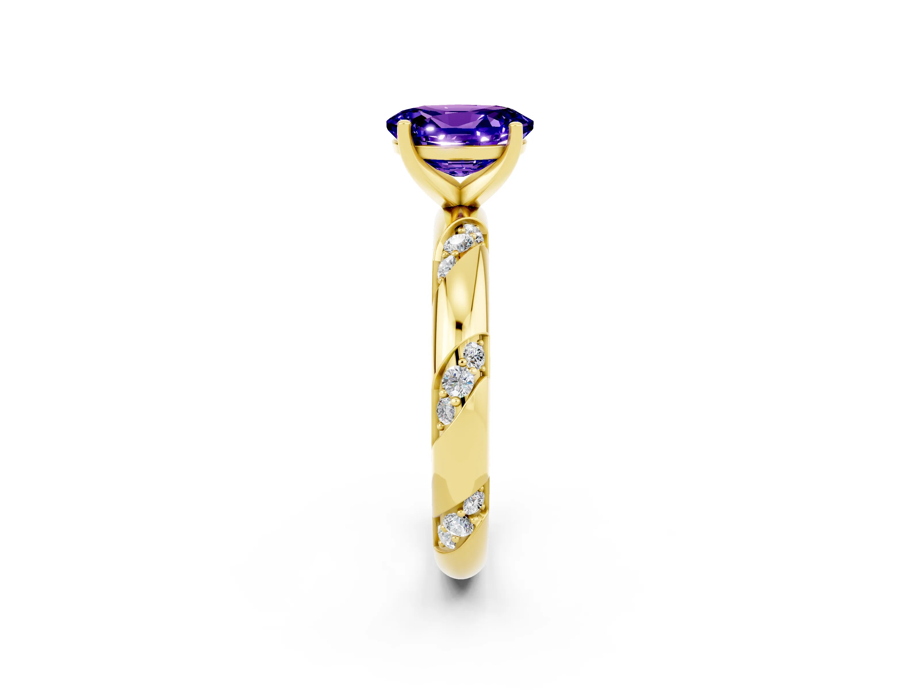 Yellow gold Oval Cut Solitaire Diamond Engagement Ring with Twisted Pave Band and Four-Prong Setting_2