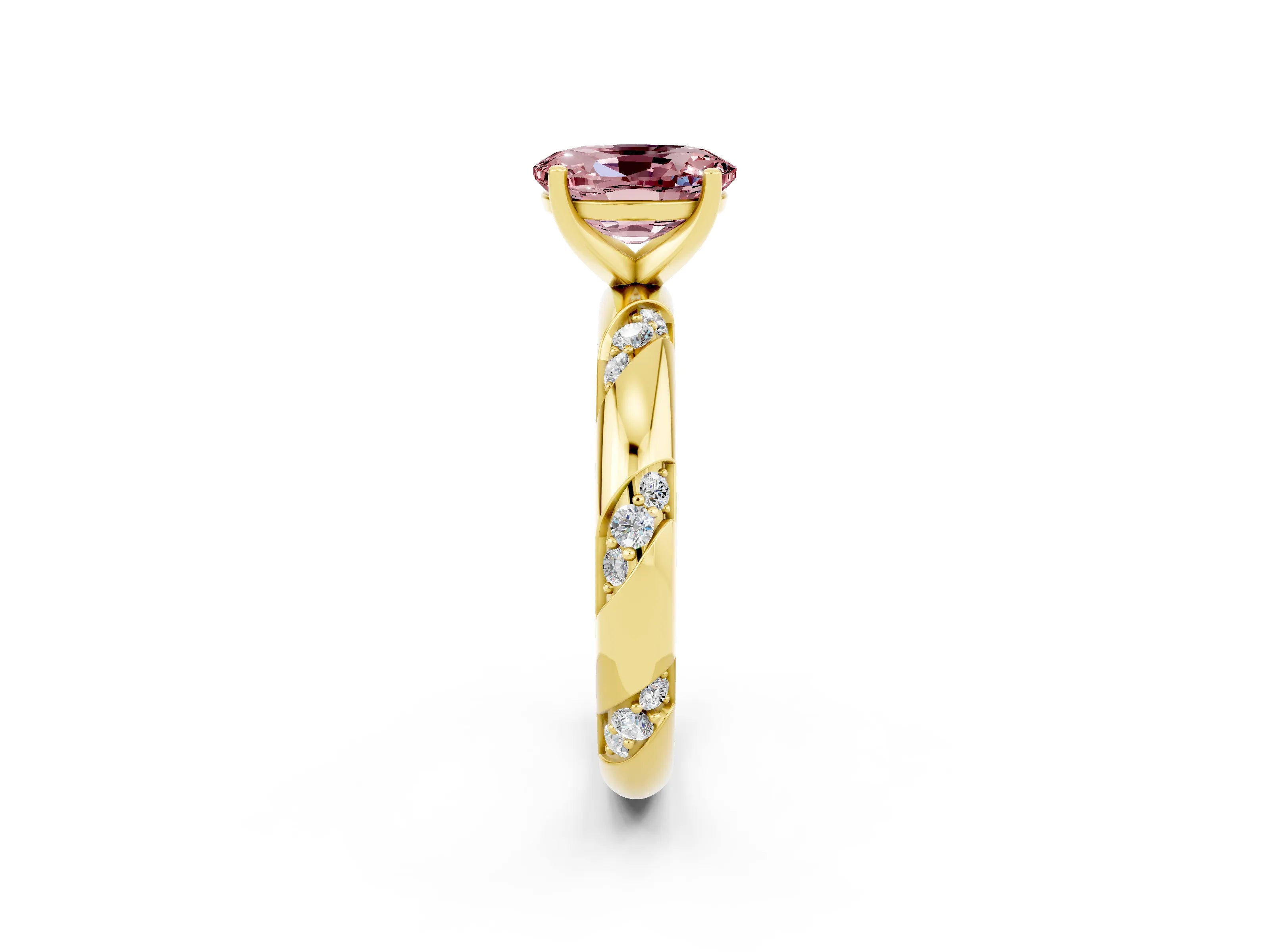 Yellow gold Oval Cut Solitaire Diamond Engagement Ring with Twisted Pave Band and Four-Prong Setting_2