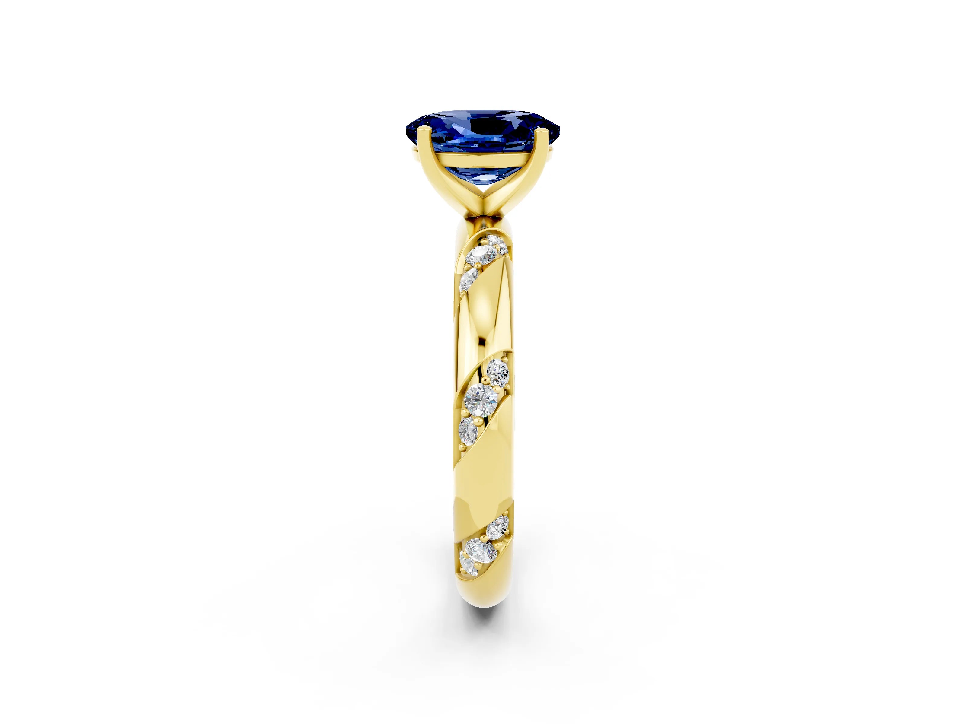 Yellow gold Oval Cut Solitaire Diamond Engagement Ring with Twisted Pave Band and Four-Prong Setting_2