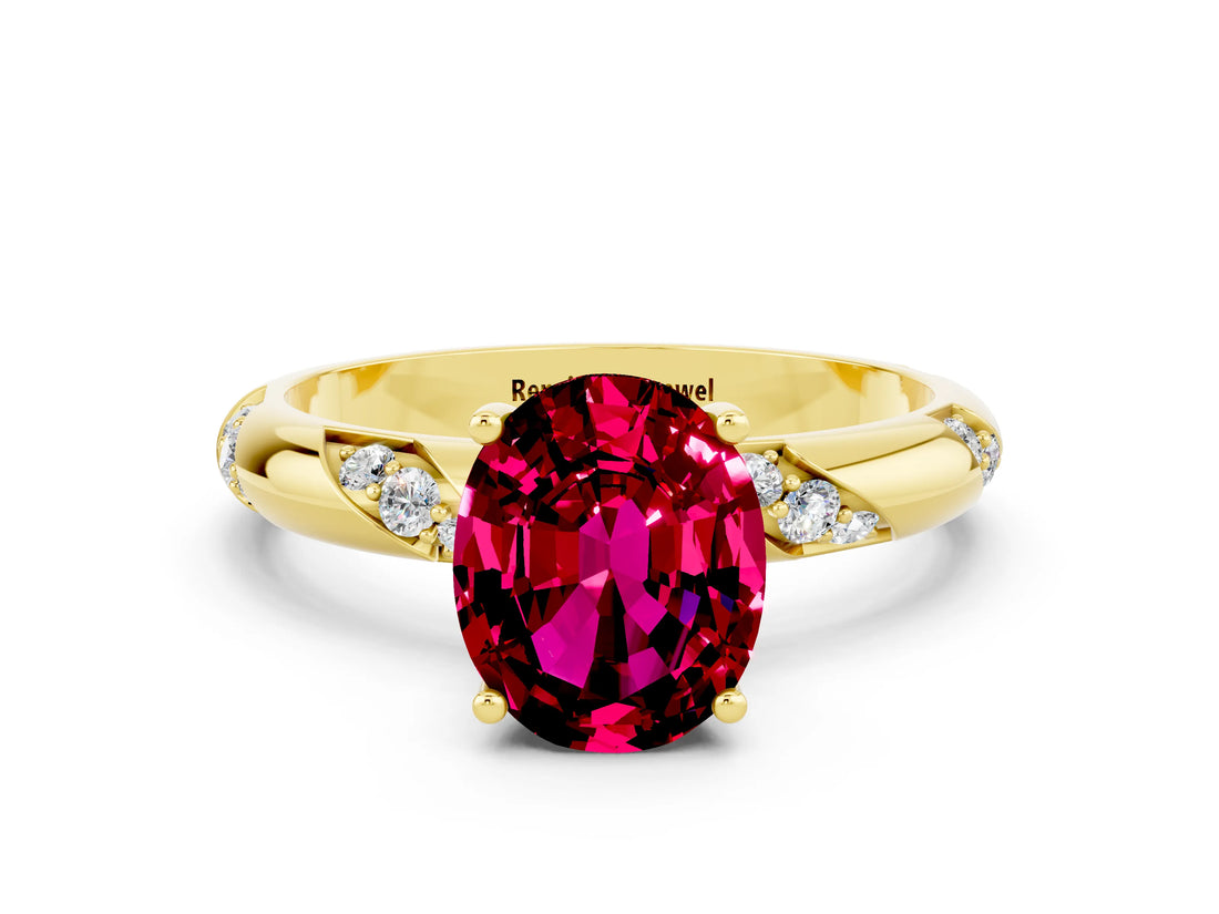 Yellow gold Oval Cut Solitaire Diamond Engagement Ring with Twisted Pave Band and Four-Prong Setting