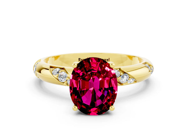 Yellow gold Oval Cut Garnet Solitaire Engagement Ring with Twisted Round  Accent Band and Prong Setting