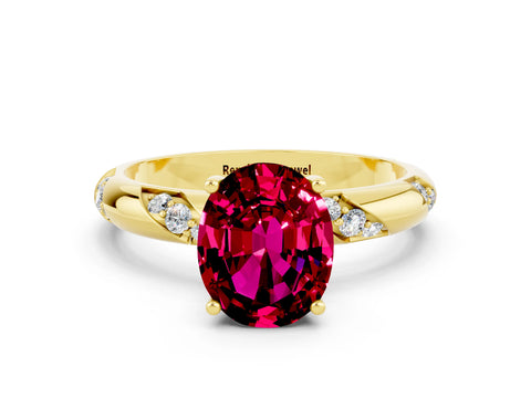 Yellow gold Oval Cut Solitaire Diamond Engagement Ring with Twisted Pave Band and Four-Prong Setting