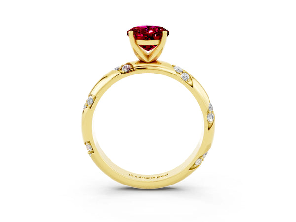Yellow gold Oval Cut Garnet Solitaire Engagement Ring with Twisted Round  Accent Band and Prong Setting