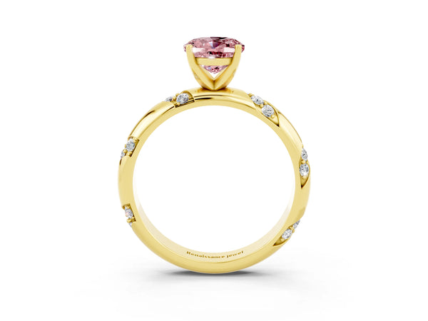 Yellow gold Oval Cut Solitaire Diamond Engagement Ring with Twisted Pave Band and Four-Prong Setting