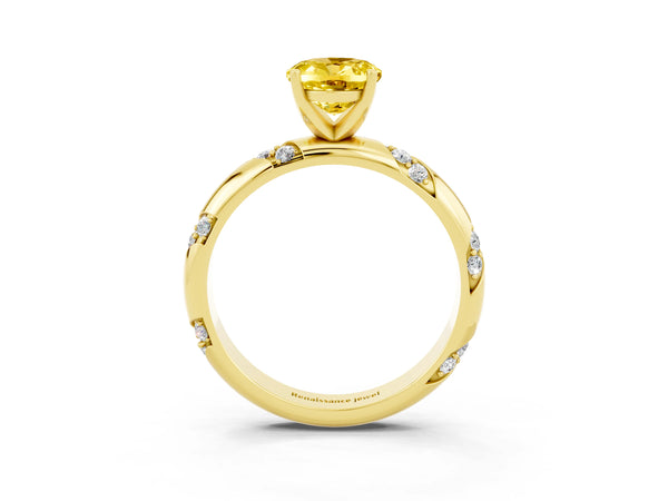 Yellow gold Oval Cut Yellow Sapphire Solitaire Engagement Ring with Twisted Round  Accent Band and Prong Setting