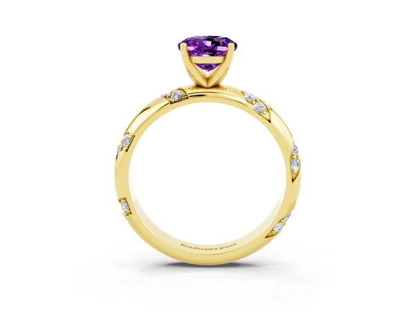Yellow gold Oval Cut Amethyst Solitaire Engagement Ring with Twisted Round  Accent Band and Prong Setting