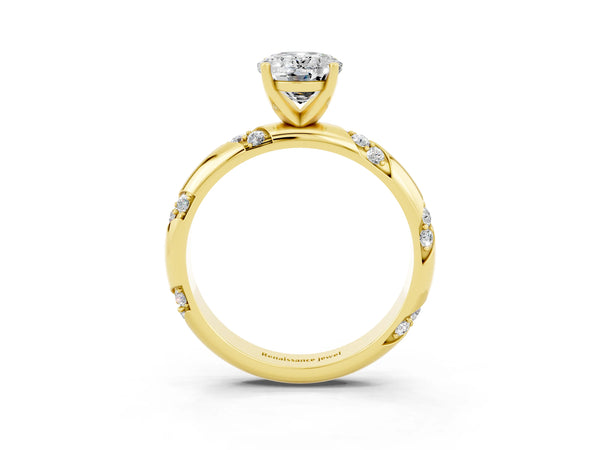 Yellow gold Oval Cut Moissanite Solitaire Engagement Ring with Twisted Round  Accent Band and Prong Setting