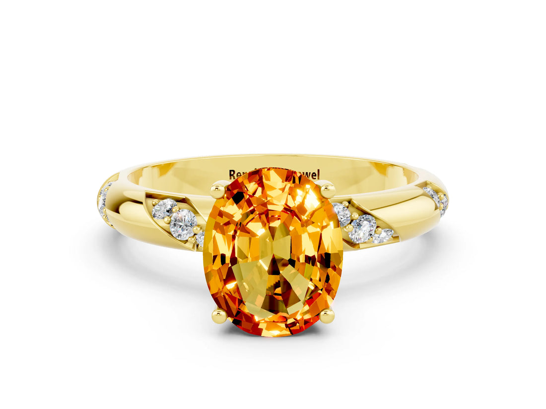 Yellow gold Oval Cut Solitaire Diamond Engagement Ring with Twisted Pave Band and Four-Prong Setting