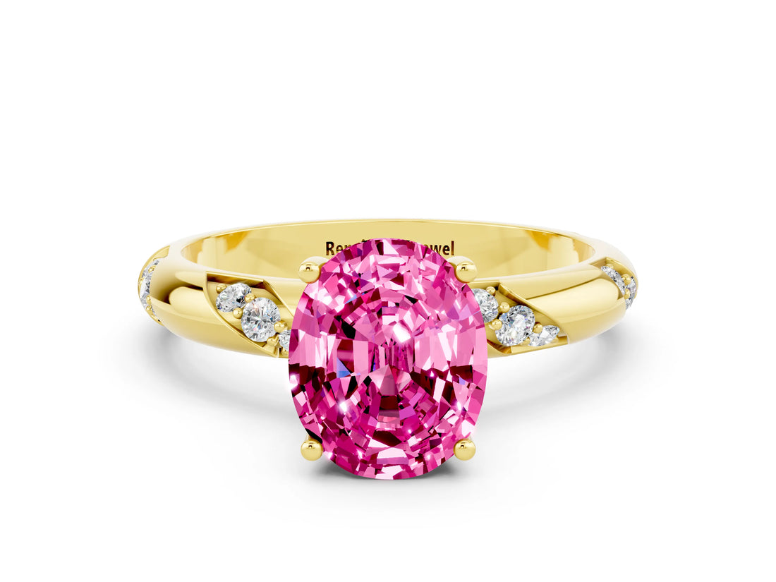Yellow gold Oval Cut Solitaire Diamond Engagement Ring with Twisted Pave Band and Four-Prong Setting