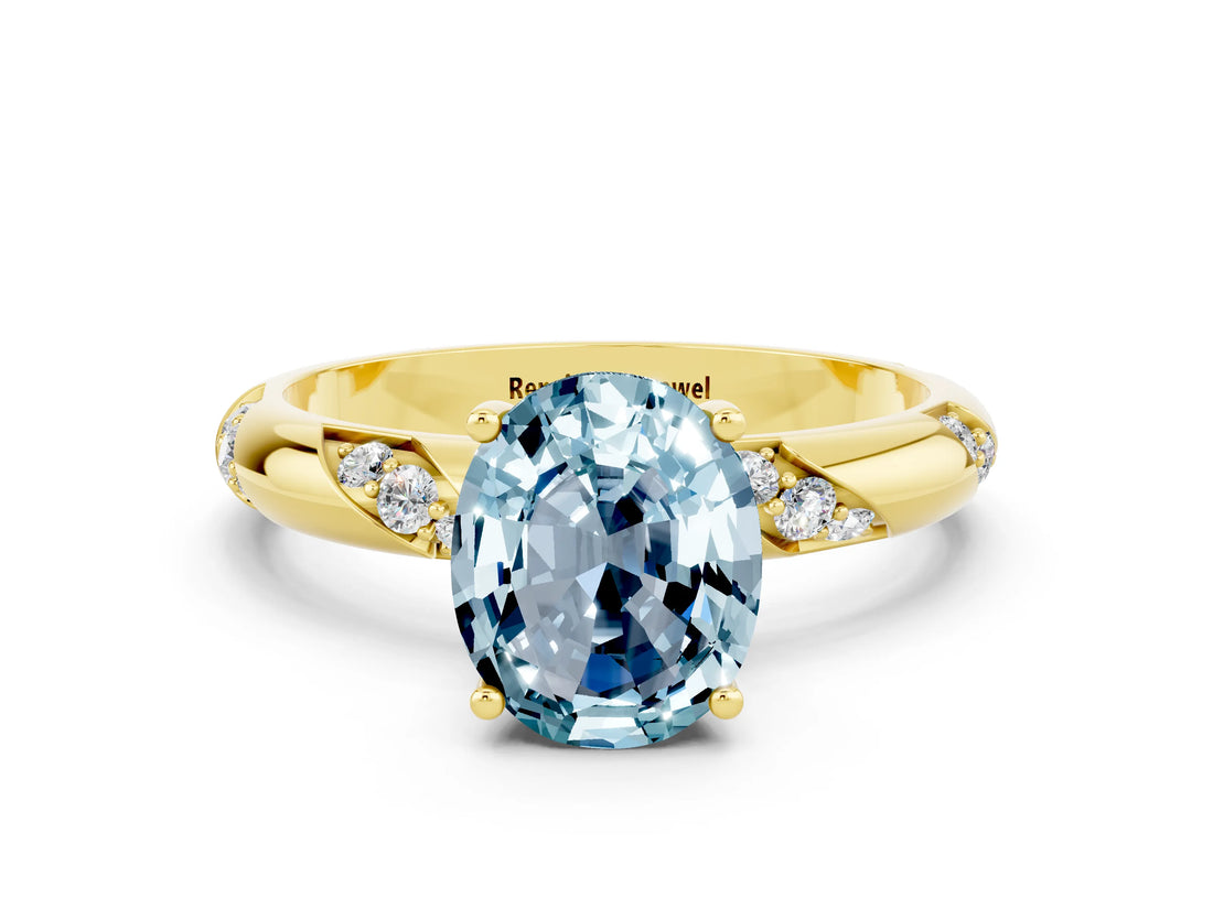 Yellow gold Oval Cut Solitaire Diamond Engagement Ring with Twisted Pave Band and Four-Prong Setting