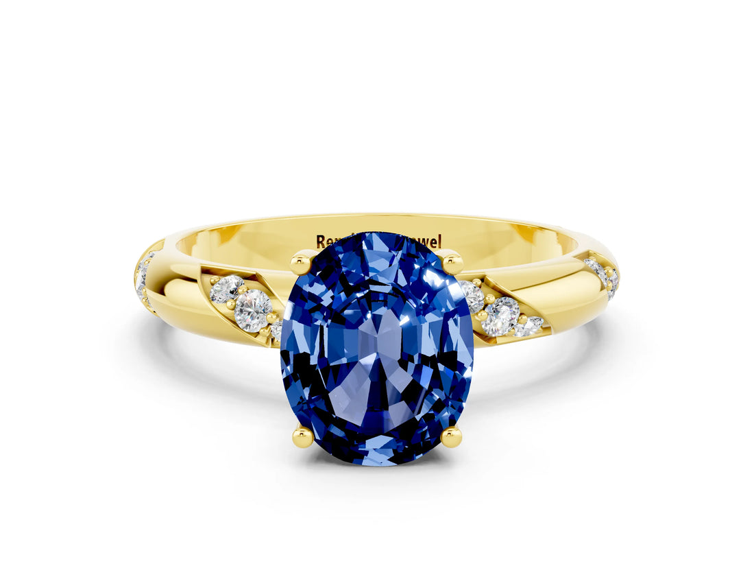 Yellow gold Oval Cut Solitaire Diamond Engagement Ring with Twisted Pave Band and Four-Prong Setting