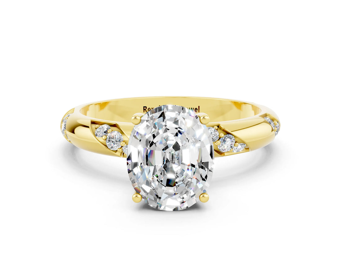Yellow gold Oval Cut Solitaire Diamond Engagement Ring with Twisted Pave Band and Four-Prong Setting