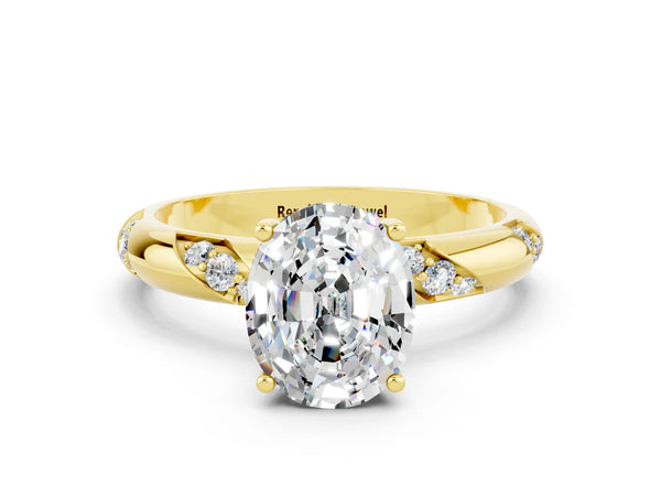 Yellow gold Oval Cut Moissanite Solitaire Engagement Ring with Twisted Round  Accent Band and Prong Setting