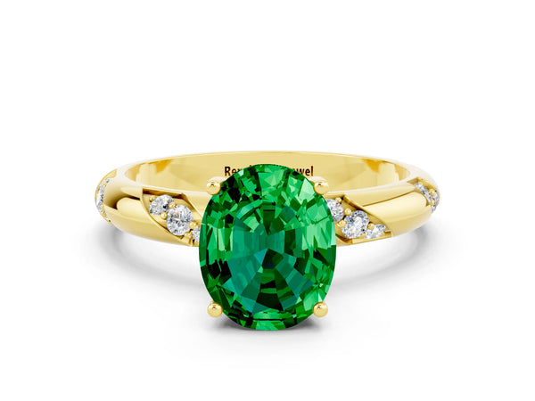 Yellow gold Oval Cut Emerald Solitaire Engagement Ring with Twisted Round  Accent Band and Prong Setting
