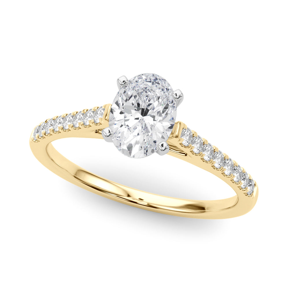 Yellow gold Oval Cut Solitaire Diamond Ring with Pave Band and Four-Prong Setting