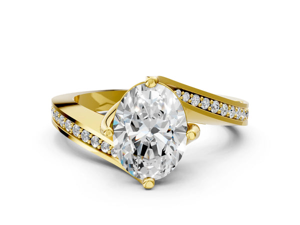 Yellow Gold Oval Bypass Solitaire Engagement Ring Setting with Swirl Pave Band