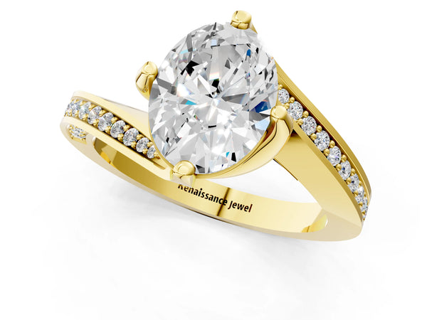 Yellow Gold Oval Bypass Solitaire Engagement Ring Setting with Swirl Pave Band