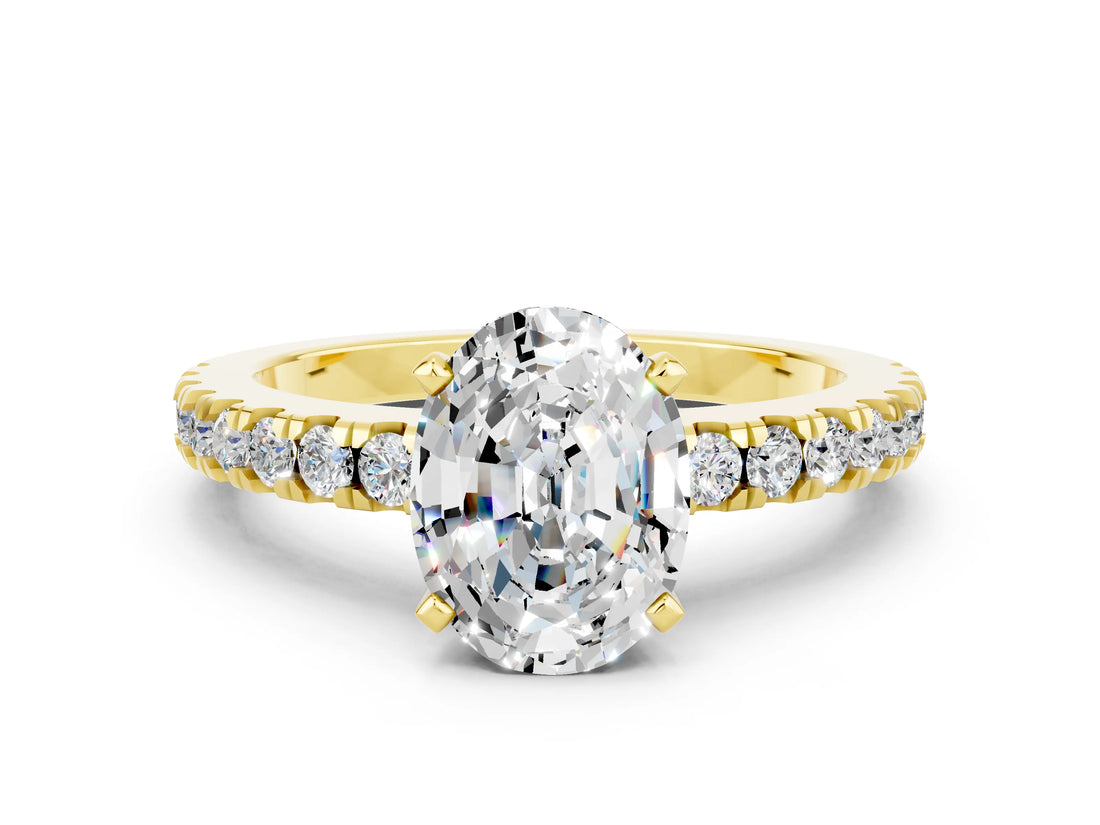 Yellow gold Oval Cut Solitaire Diamond with Pavé Band and Four-Prong Setting
