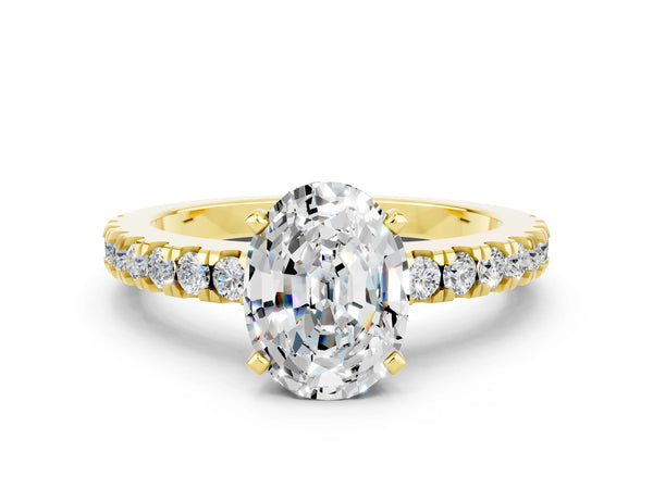 Yellow gold Oval Cut Solitaire Moissanite with Pavé Band and Four-Prong Setting
