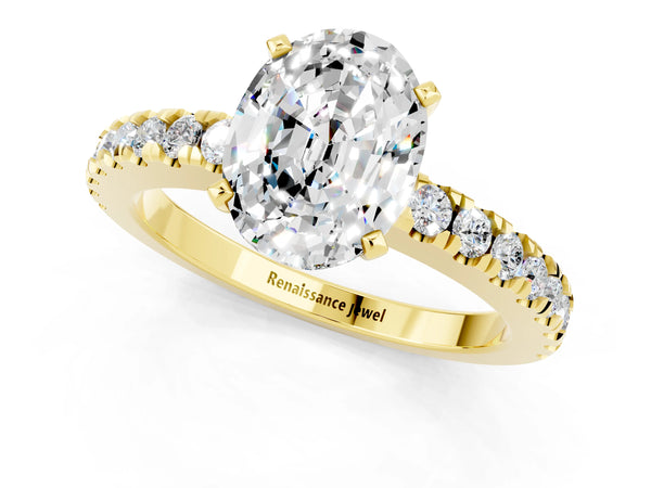 Yellow gold Oval Cut Solitaire Moissanite with Pavé Band and Four-Prong Setting