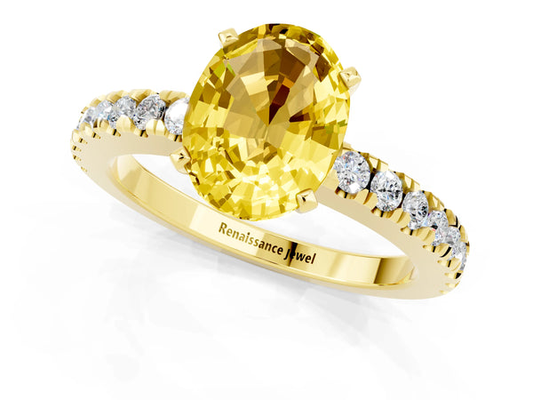 Yellow gold Oval Cut Solitaire Yellow Sapphire with Pavé Band and Four-Prong Setting