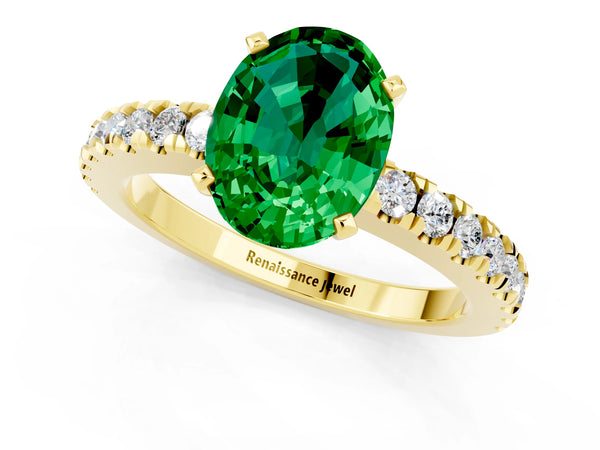 Yellow gold Oval Cut Solitaire Emerald with Pavé Band and Four-Prong Setting