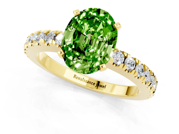 Yellow gold Oval Cut Solitaire Peridot with Pavé Band and Four-Prong Setting