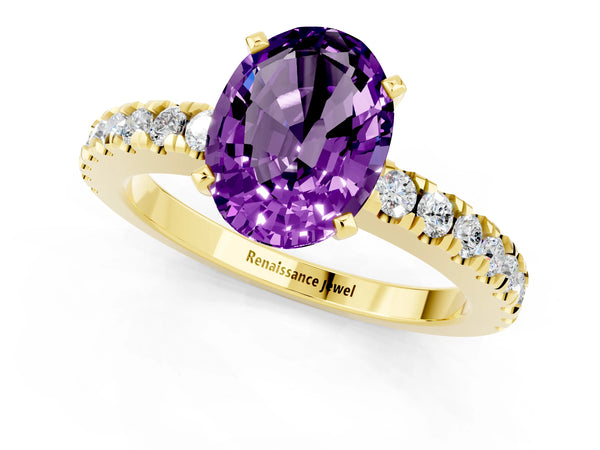 Yellow gold Oval Cut Solitaire Amethyst with Pavé Band and Four-Prong Setting