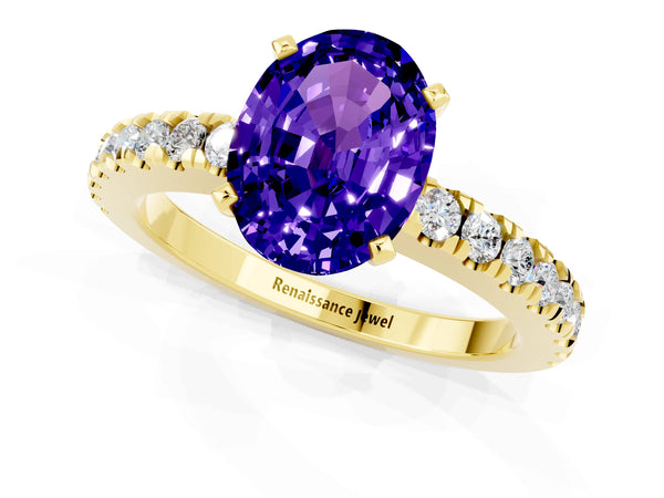 Yellow gold Oval Cut Solitaire Tanzanite with Pavé Band and Four-Prong Setting