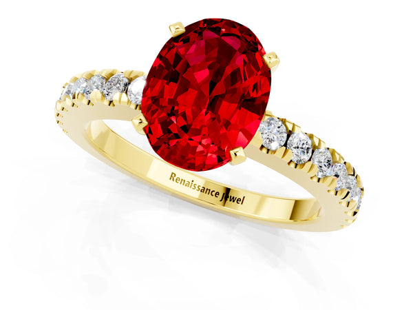 Yellow gold Oval Cut Solitaire Ruby with Pavé Band and Four-Prong Setting