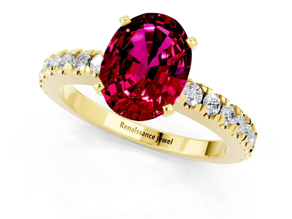 Yellow gold Oval Cut Solitaire Garnet with Pavé Band and Four-Prong Setting