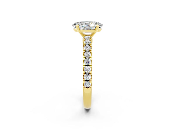 Yellow gold Oval Cut Solitaire Moissanite with Pavé Band and Four-Prong Setting