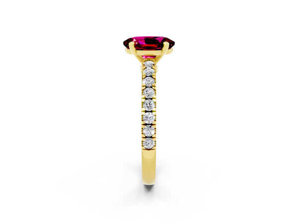 Yellow gold Oval Cut Solitaire Garnet with Pavé Band and Four-Prong Setting