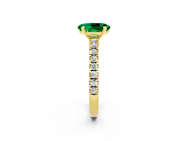 Yellow gold Oval Cut Solitaire Emerald with Pavé Band and Four-Prong Setting