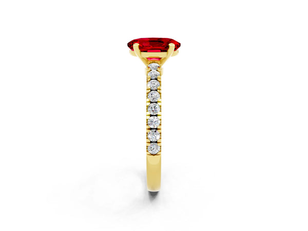 Yellow gold Oval Cut Solitaire Ruby with Pavé Band and Four-Prong Setting