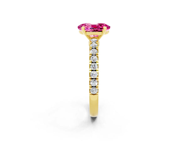 Yellow gold Oval Cut Solitaire Pink Sapphire with Pavé Band and Four-Prong Setting