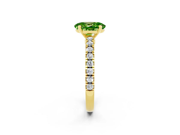 Yellow gold Oval Cut Solitaire Peridot with Pavé Band and Four-Prong Setting