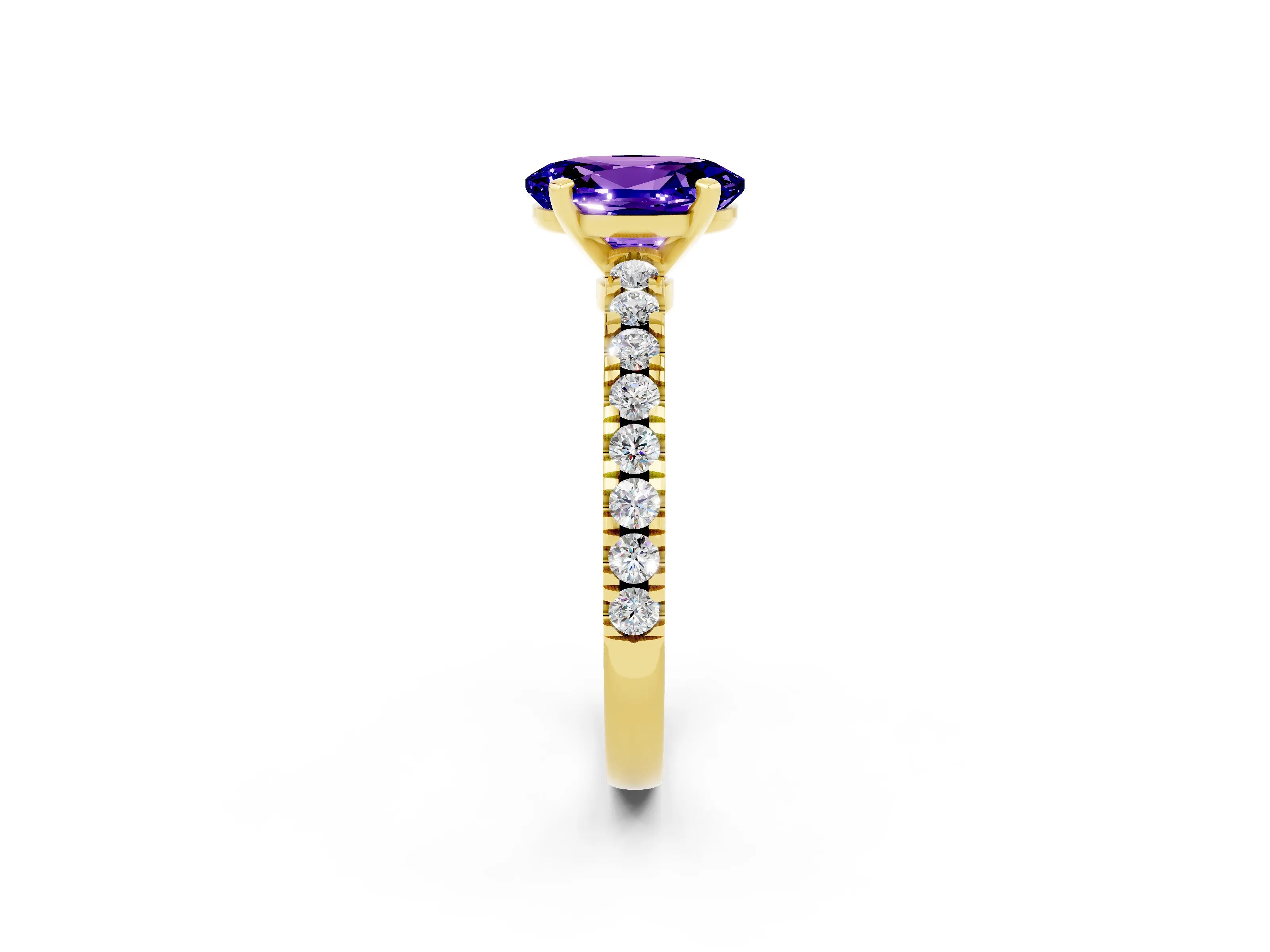 Yellow gold Oval Cut Solitaire Diamond with Pavé Band and Four-Prong Setting_2