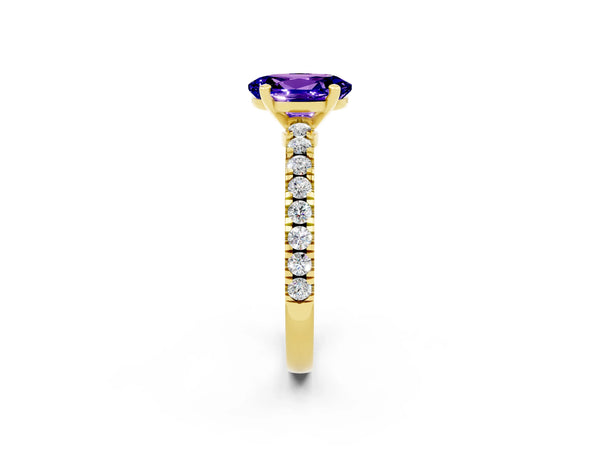 Yellow gold Oval Cut Solitaire Tanzanite with Pavé Band and Four-Prong Setting
