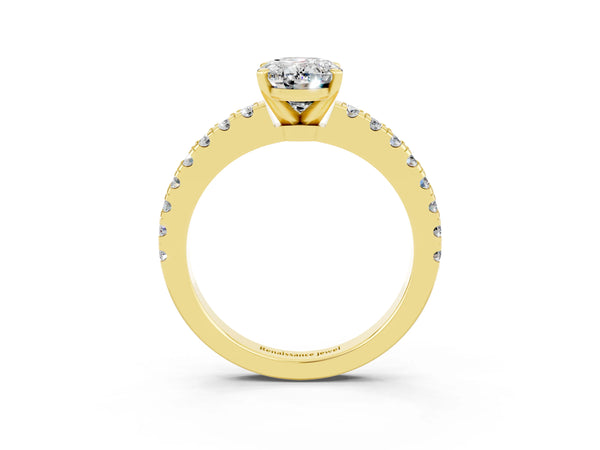 Yellow gold Oval Cut Solitaire Moissanite with Pavé Band and Four-Prong Setting