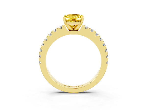 Yellow gold Oval Cut Solitaire Yellow Sapphire with Pavé Band and Four-Prong Setting